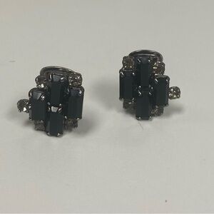 Elegant Vintage Black and Diamond Rhinestone Clip Earrings- Made In Italy